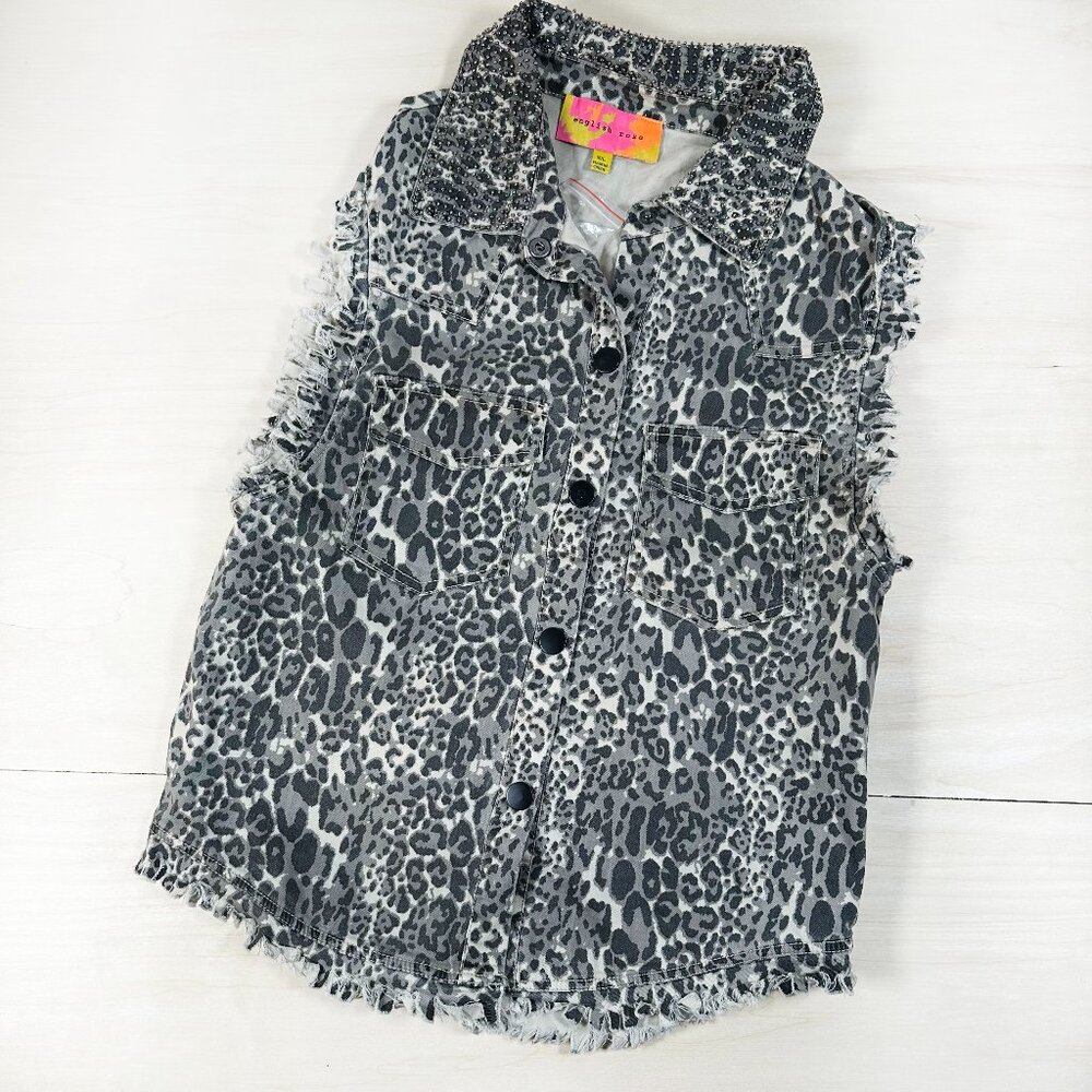 NWOT - English Rose Denim Vest Women's M/L Gray Camo Leopard Beaded Fringe